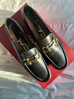 Salvatore Ferragamo Black Leather Loafers with Gold Bit Hardware